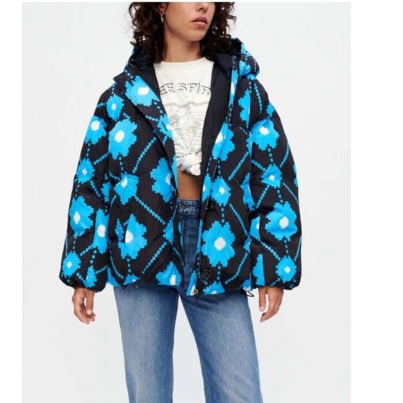 NWT Maje Mod Flower Print Sporty Winter Puffer Oversized Jacket Black Blue sz 0 - Picture 1 of 13